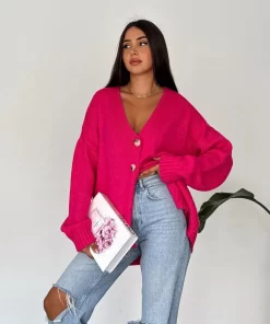 Fuşya V Yaka Oversize, Düğmeli, Cepli, Triko Hırka