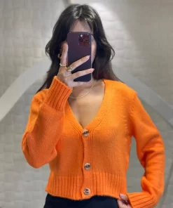 Oranj V Yaka Düğmeli Crop Triko Hırka