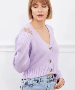 Lila V Yaka Düğmeli Crop Triko Hırka
