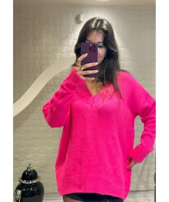 Fuşya V Yaka Oversize Triko Kazak