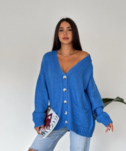 Mavi Oversize Cepli Düğmeli V Yaka Triko Hırka