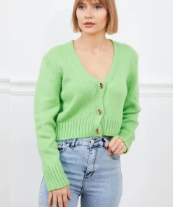 Fıstık Yeşili V Yaka Düğmeli Crop Triko Hırka