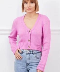 Pembe V Yaka Düğmeli Crop Triko Hırka