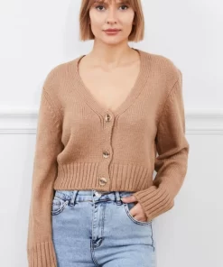 Camel V Yaka Düğmeli Crop Triko Hırka