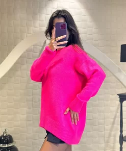 Fuşya Bisiklet Yaka, Oversize Triko Kazak