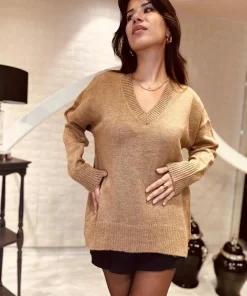 Camel V Yaka Oversize Triko Kazak