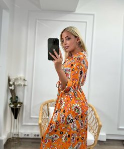 Oranj Gömlek Yaka Düğmeli Saten Şal Desen Midi