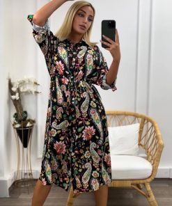 Siyah Gömlek Yaka Düğmeli Saten Şal Desen Midi Elbise