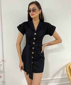 Önü Düğmeli Beli Kemerli Çift Cepli Midi Elbise