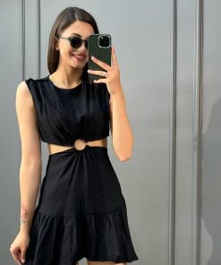 Siyah Halka Detaylı Bisiklet yaka Keten Elbise
